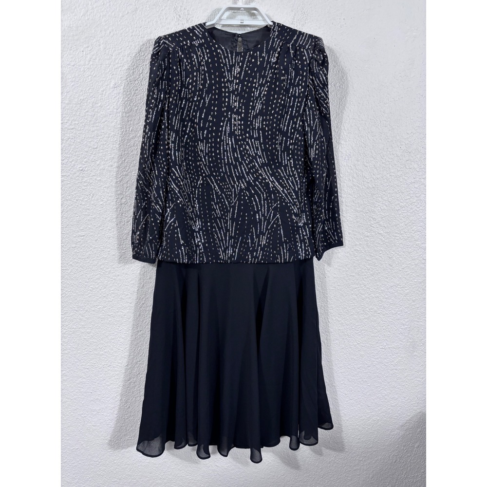 J.S.J.‎ Dress Women Medium Black Vintage Sequin Chiffon Long Sleeve